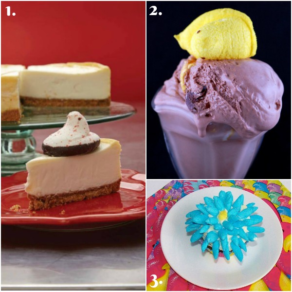 Collage of peeps Easter desserts including cheesecake, ice cream, and a cupcake recipe.