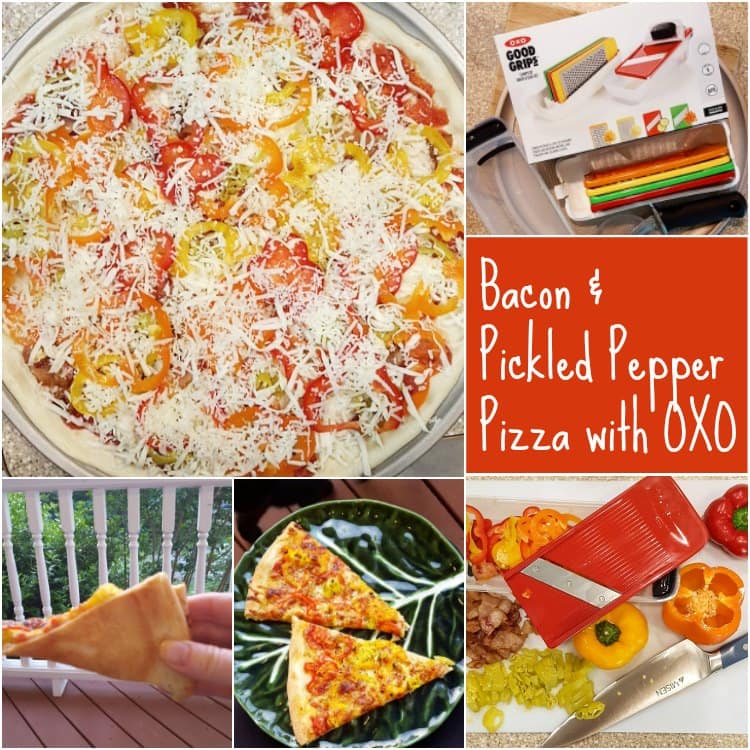 Collage of photos of bacon and pickled pepper pizza using some #oxopizza treats from my friends at OXO. 