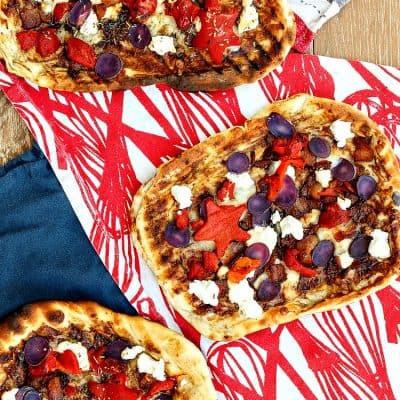 Grilled Patriotic Pizza | Roasted Red Pepper, Blue Potato, and Goat Cheese