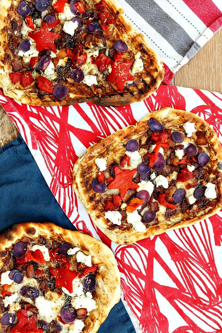 Grilled Patriotic Pizza | Roasted Red Pepper, Blue Potato, and Goat Cheese