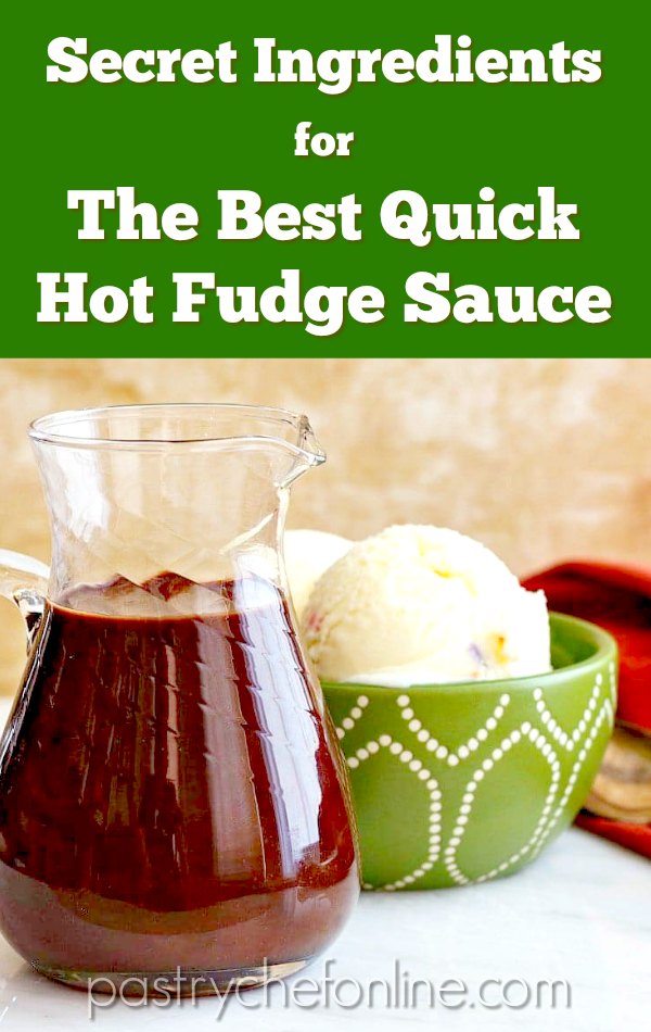 pin for hot fudge sauce text reads "secret ingredients for the best quick hot fudge sauce"