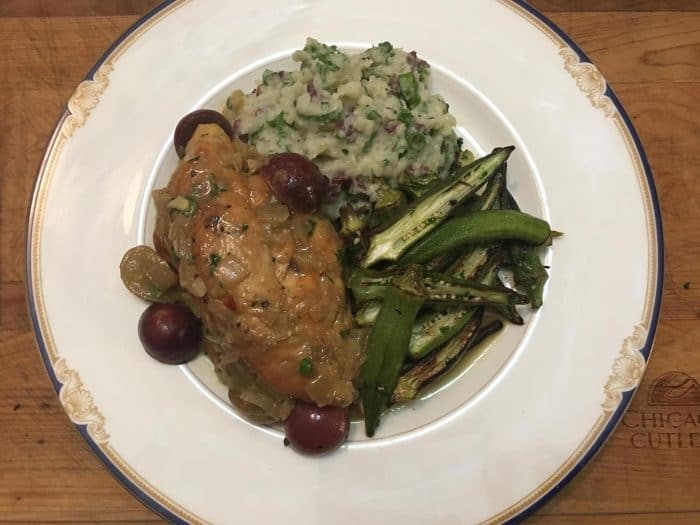 Chicken and scuppernong grape dish with okra and herbed mashed potatoes.