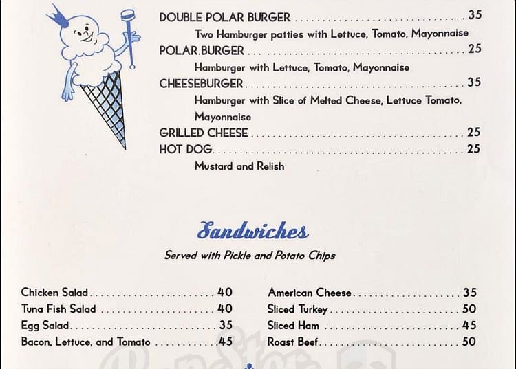 Screen shot of the menu featuring the Double polar burger and other burgers and their mid century prices.
