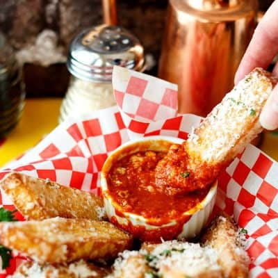 Cheesy Polenta Fries with Red Pepper Dipping Sauce