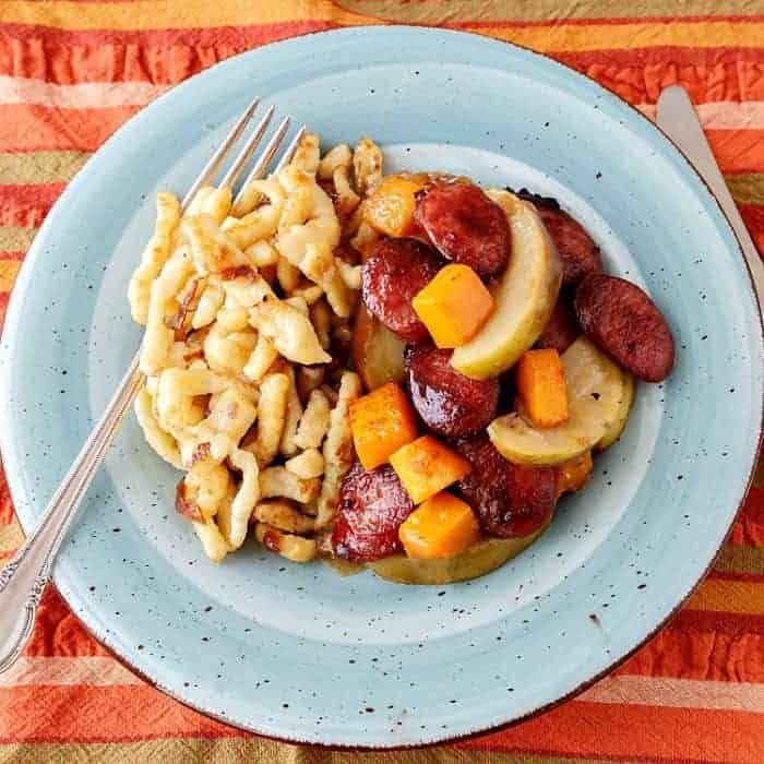 Sausage with Apples Onions and Butternut 1 Pot Farmers Market Meal