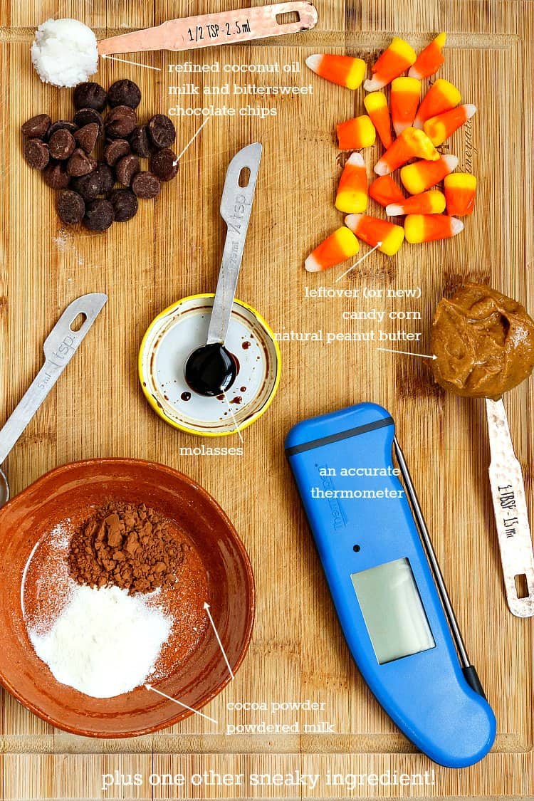 Collage of the ingredients in this butterfinger recipe: chocolate chips, candy corn, coconut oil, molasses, peanut butter, cocoa powder, milk powder, and a good thermometer.