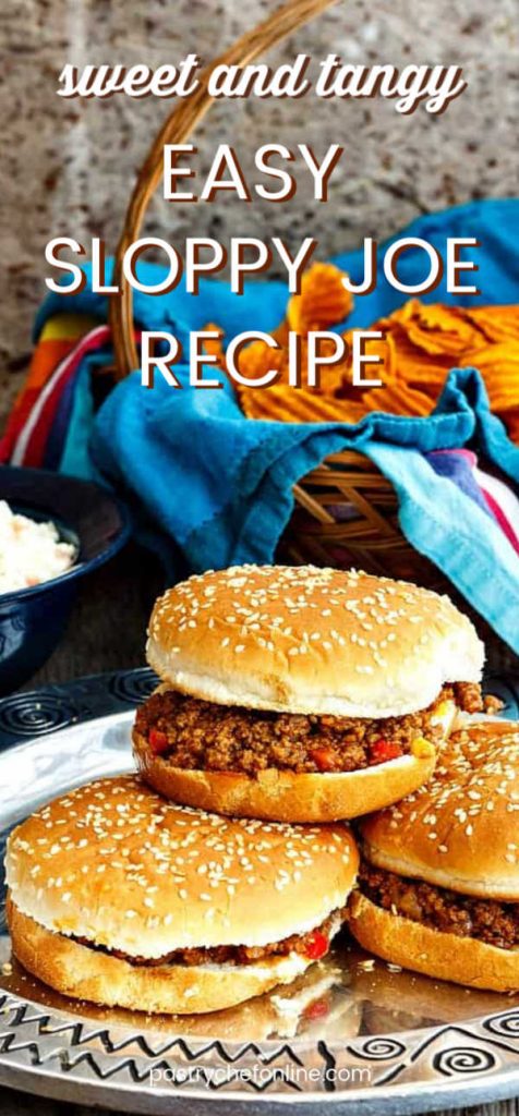 sloppy joe sandwiches on a plate text reads "sweet and tangy easy sloppy joe recipe"