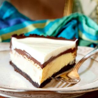 a slice of chocolate cheesecake pie