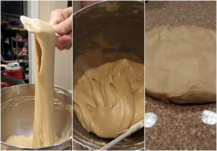 Collage of three photos, one of the stretchy babka dough, one of the dough in the mixing bowl before chilling, and one of half the dough pressed into a disc on an oiled counter top.