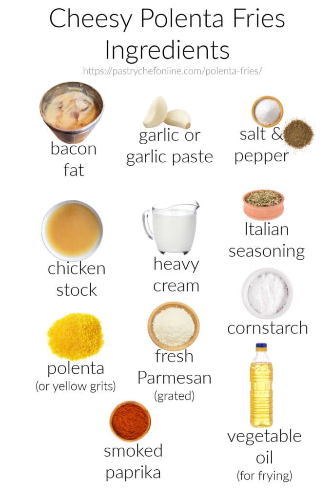 All the ingredients needed to make cheesy polenta fries: bacon fat, garlic, salt & pepper, chicken stock, heavy cream, Italian seasoning, polenta, Parmesan cheese, cornstarch, smoked paprika, and oil for frying.