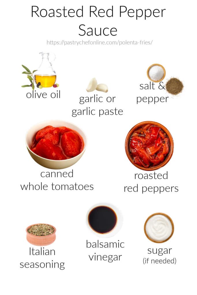 All the ingredients for making roasted red pepper sauce: olive oil, garlic, salt & pepper, canned whole tomatoes, roasted red peppers, Italian seasoning, balsamic vinegar, and sugar (optional, if necessary).