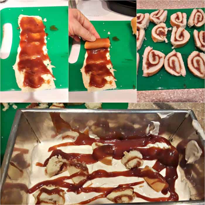 A collage showing how to fill rolled-out Hawaiian rolls with caramel filling, roll them up, cut them, and layer them into ice cream.