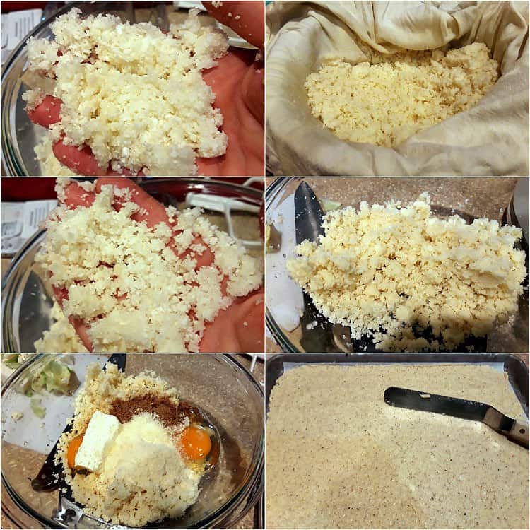 Collage of 6 photos showing how to make cauliflower pasta sheets.