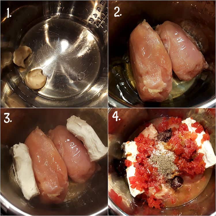 A collage of 4 photos showing the process shots for making instant pot crack chicken.