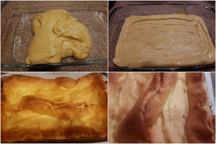 4 image collage of baking the pate a choux for eclair cake crust.