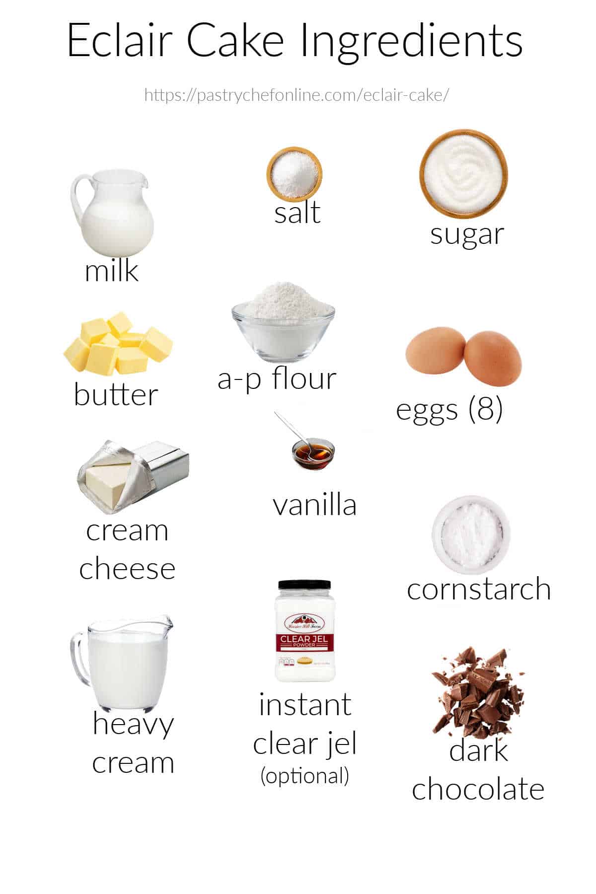 Photos of all the ingredients needed to make eclair cake, labeled in black print on a white background.