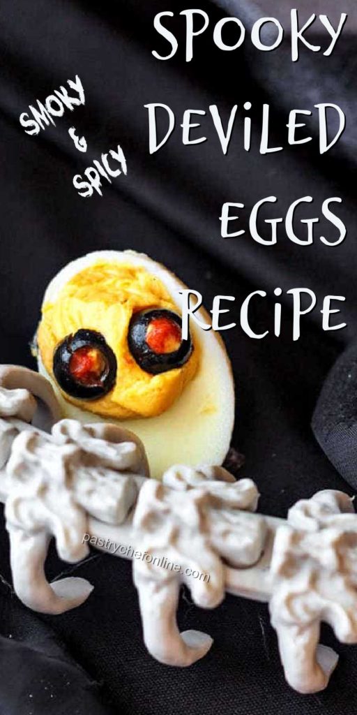 deviled egg pin text reads "spicy & smoky spooky deviled eggs recipe"
