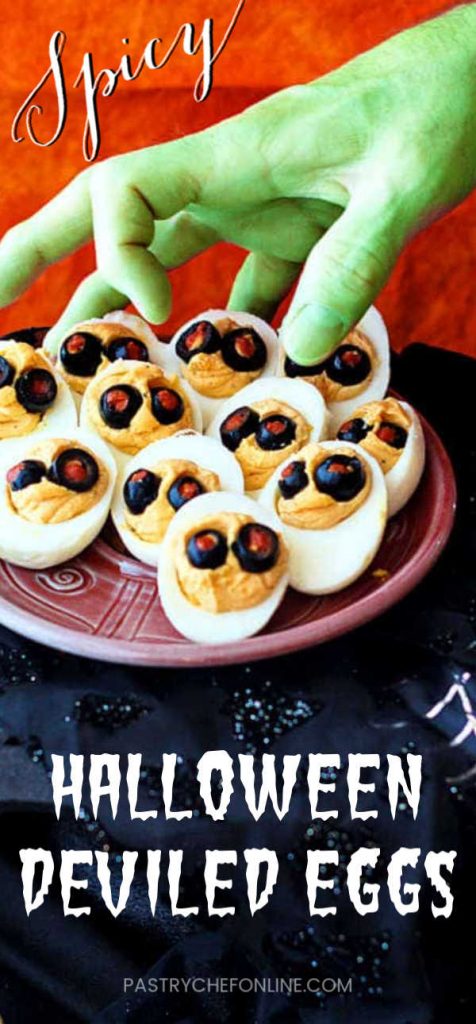 deviled egg pin text reads "spooky halloween deviled eggs"