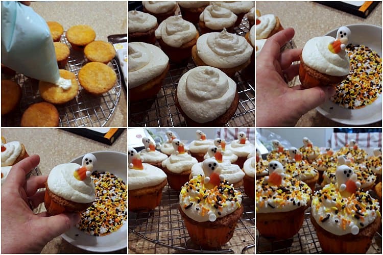 Collage of 6 photos showing how to decorate candy corn cupcakes.