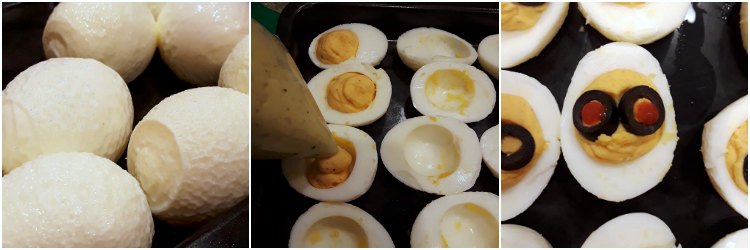 Collage showing how to fill and decorate devilish Halloween deviled eggs.