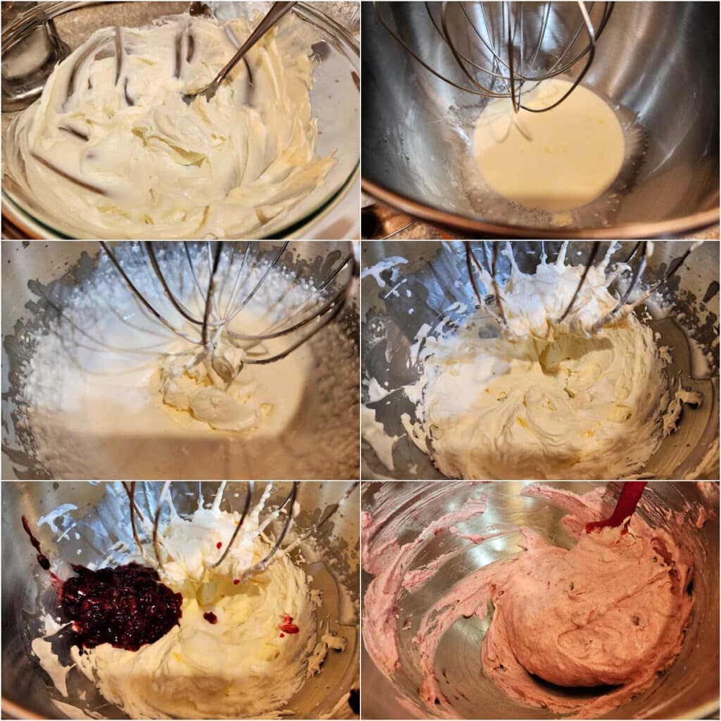 A collage of 6 images showing how to make filling for a Yule log. 1)Softened cream cheese in a glass bowl. 2)Whipping cream, sugar, and salt in a mixing bowl. 3)Thickened whipped cream in a mixing bowl with the softened cream cheese plopped into it. 4)The cheese and cream whipped together. The mixture is very thick. 5)Cranberry-raspberry jam plopped into the whipped cream mixture. 6)The jam folded into the whipped cream. It's a pretty pink color.