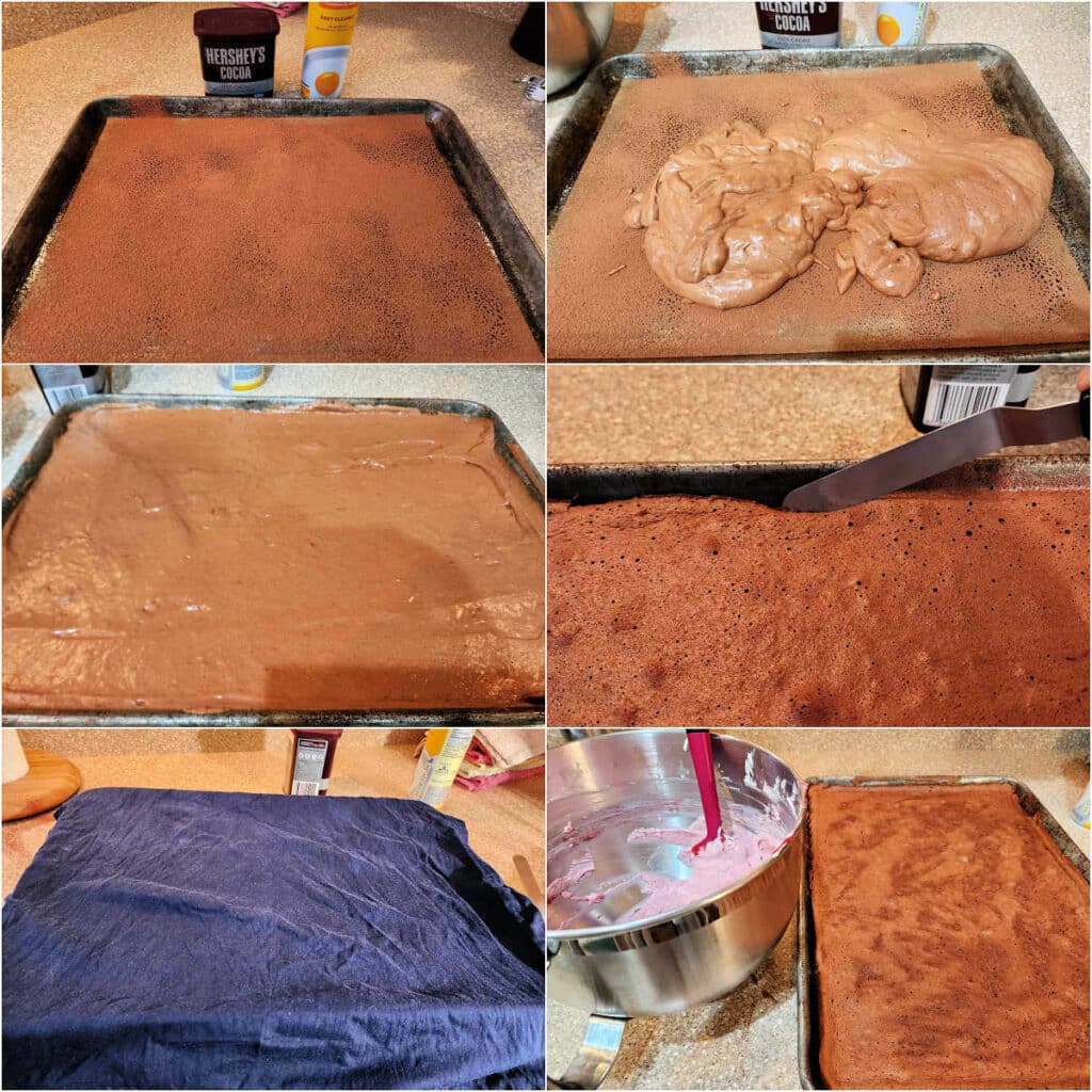 A collage of 6 images showing how to bake the spongecake. 1)A parchment-lined pan on a counter. The parchment has been sprayed with pan spray and thoroughly dusted with cocoa powder. 2)Light chocolate batter poured/scraped into the middle of the prepared pan. 3)The batter spread out to fill the pan. 4)The baked cake with a thin metal spatula going around the outside of the cake to loosen it from the sides. 5)The cooling cake, covered with a dark blue, damp linen towel. 6)The cooled cake and a mixing bowl of pink filling next to each other.