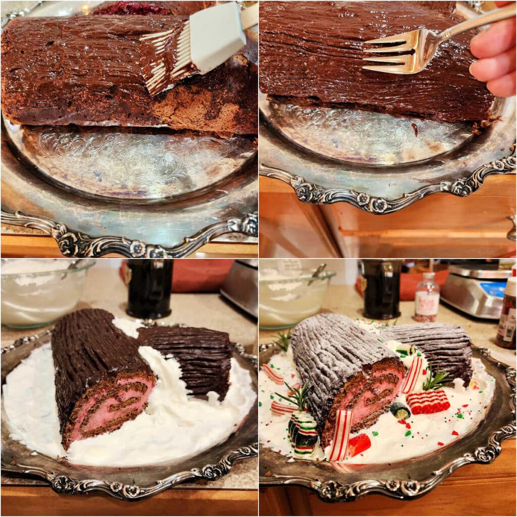 A collage of 4 images. 1)Painting ganache onto the yule log with a gray, silicone basting brush. 2)Running a fork through the ganache to make it look like bark. 3)The yule log cake on a platter that's covered in whipped cream. 4)The yule log cake decorated with whipped cream and hard candies.
