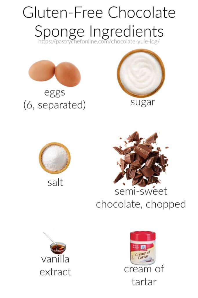 The ingredients needed to make a gluten-free chocolate sponge cake: eggs (6, separated), sauger, salt, chopped dark chocolate, vanilla extract, and cream of tartar.