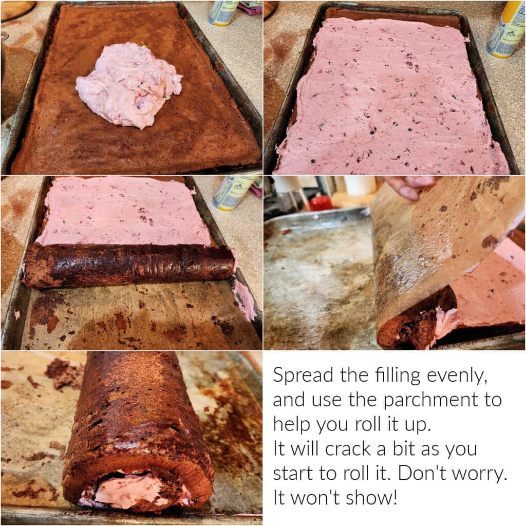 A collage of 5 images and 1 block of text. 1)A rectangular, chocolate jelly roll in a pan with pink filling plopped in the center. 2)The filling all spread out over the chocolate cake. 3)Rolling the cake up from one end and over the filling. 4)Using the parchment the cake was baked on to help roll the cake and filling up. 5)The chocolate cake roll all rolled up. 6)A block of text that reads, "Spread the filling evenly, and use the parchment to help you roll it up. It will crack a bit as you start to roll.Don't worry. It won't show."