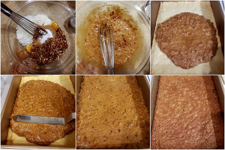 Pecan angel slice filling process shot collage: mixing all the ingredients, pouring onto the baked crust, spreading it out, and baking the filling.