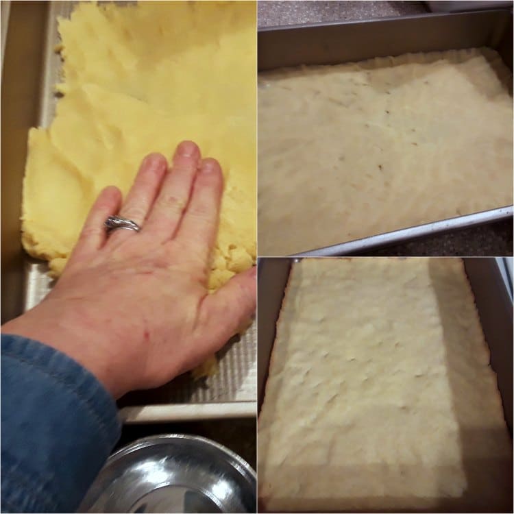 Collage of process shots of angel slice dough: pressing dough into the pan and baking.