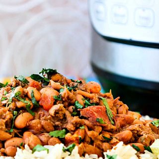 instant pot charro beans over rice with an instant pot in the background