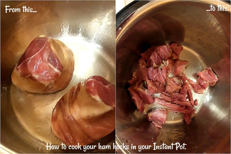 Collage of 2 pictures showing starting and finishing of cooking ham hocks in instant pot.