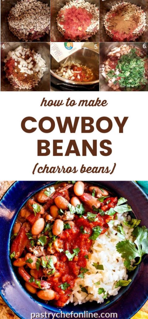 bowl of cowboy beans over rice and process shots text reads "how to make cowboy beans (charros beans)"