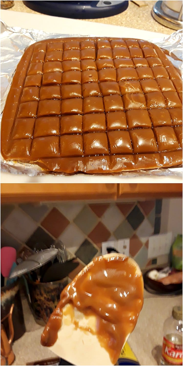 a collage of two images, one with a scored slab of candy and one with butterscotch all over a silicone spatula.