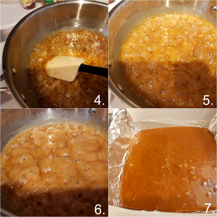 collage of 4 images showing cooking butterscotch candy in a pan