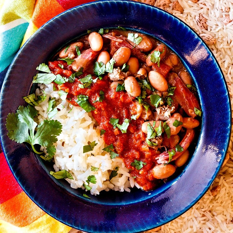 Blue pottery plate with rice, bans, salsa, and cilantro ready to serve. 