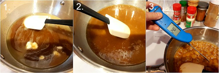 Collage of process shots for making butterscotch: melting the butter into the rest of the ingredients, stirring, and cooking to 250F.