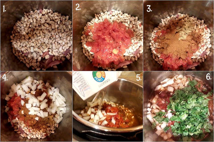 Collage of 6 images showing how to cook pinto beans in the Instant Pot.