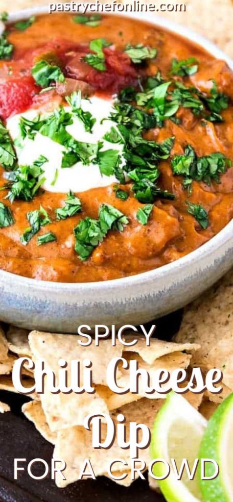 bowl of spicy chili cheese dip. Text reads Spicy Chili Cheese Dip for a crowd"