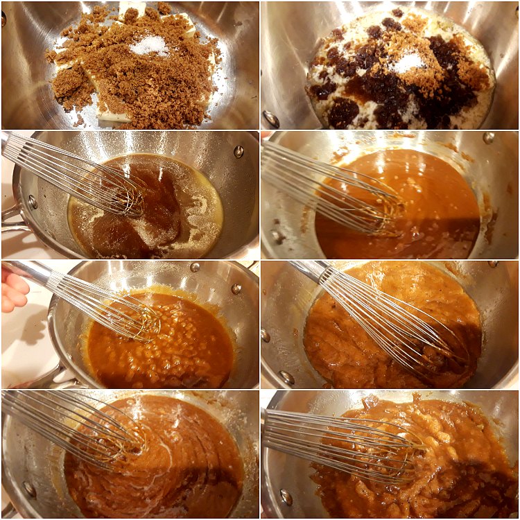 Collage of  photographs showing cooking butterscotch in a pan, step by step. From all the ingredients added to the pan, to melting and mixing, to bubbling and stirring.