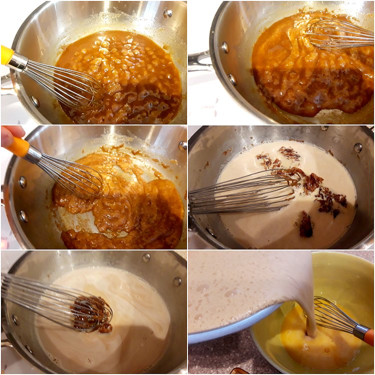 Collage of six images showing how to make and cook butterscotch.