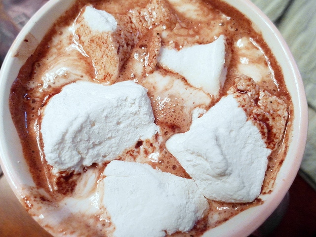 overhead shot of mug of hot chocolate with homemade marshmallows in it