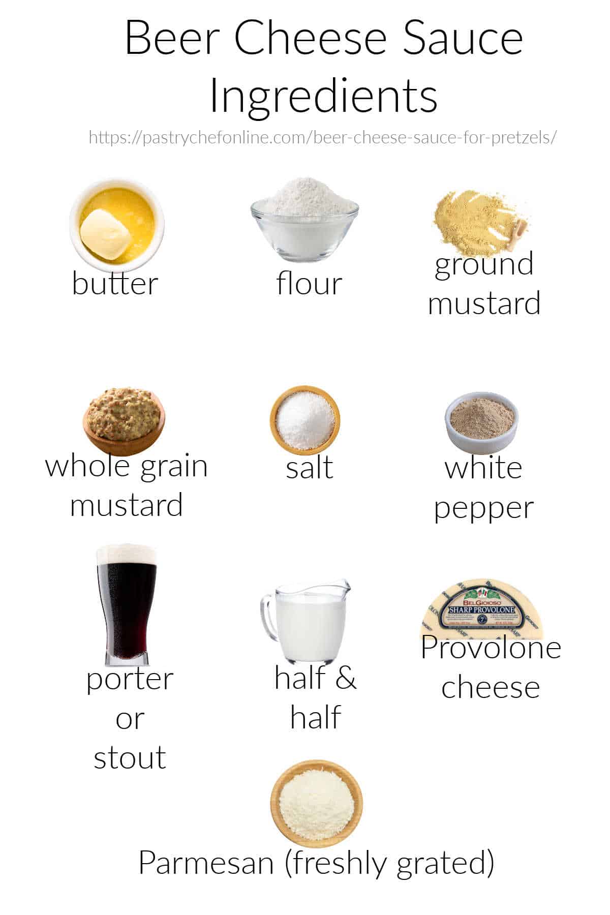 All the ingredients needed to make a roux-based beer cheese sauce, labeled and on a white background.