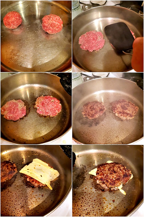 Collage of 6 images showing how to make smashed burgers, putting cheese on 1 and sandwiching another patty on top.
