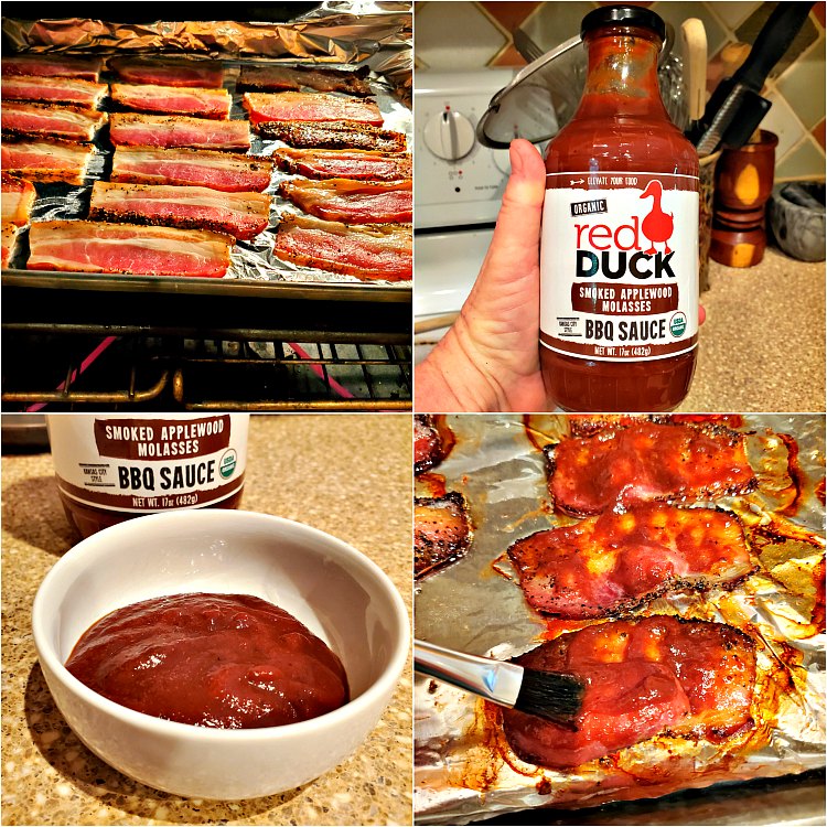 collage of four images showing cooking bacon in the oven and brushing it with bbq sauce