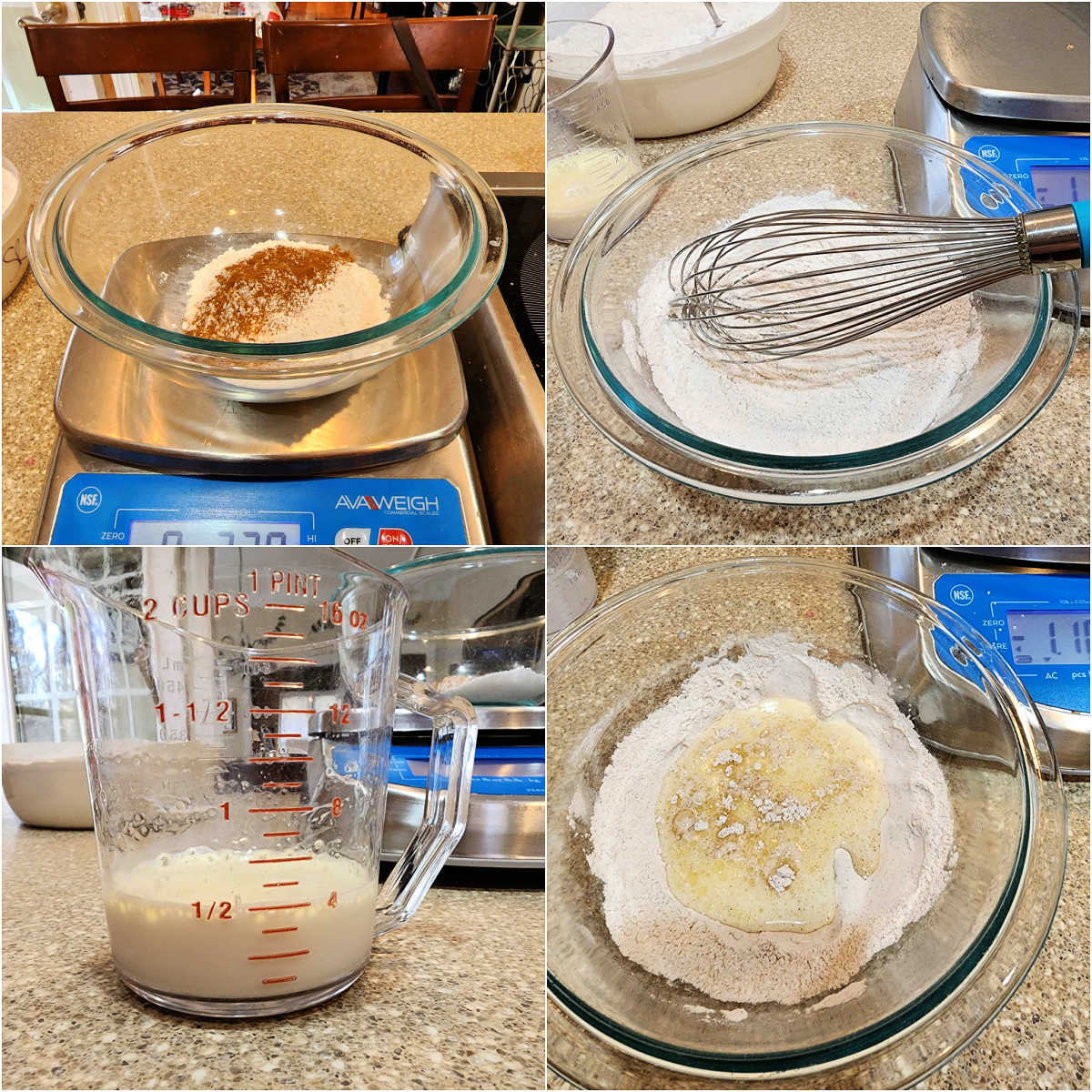 A collage of 4 images showing how to measure and put together the ingredients for small-batch pancakes.