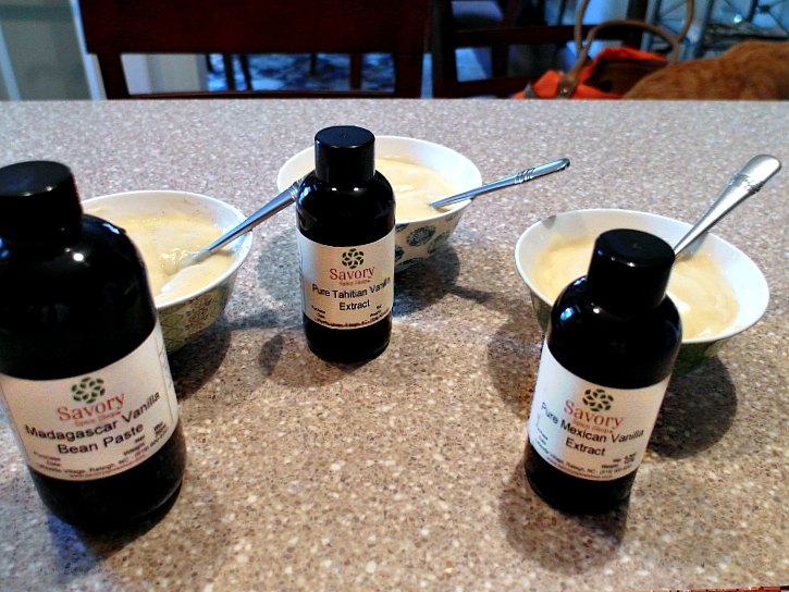 3 small bowls of vanilla pudding with spoons in them with 3 bottles of different types of vanilla: Madagascar Bourbon, Tahitian, and Mexican
