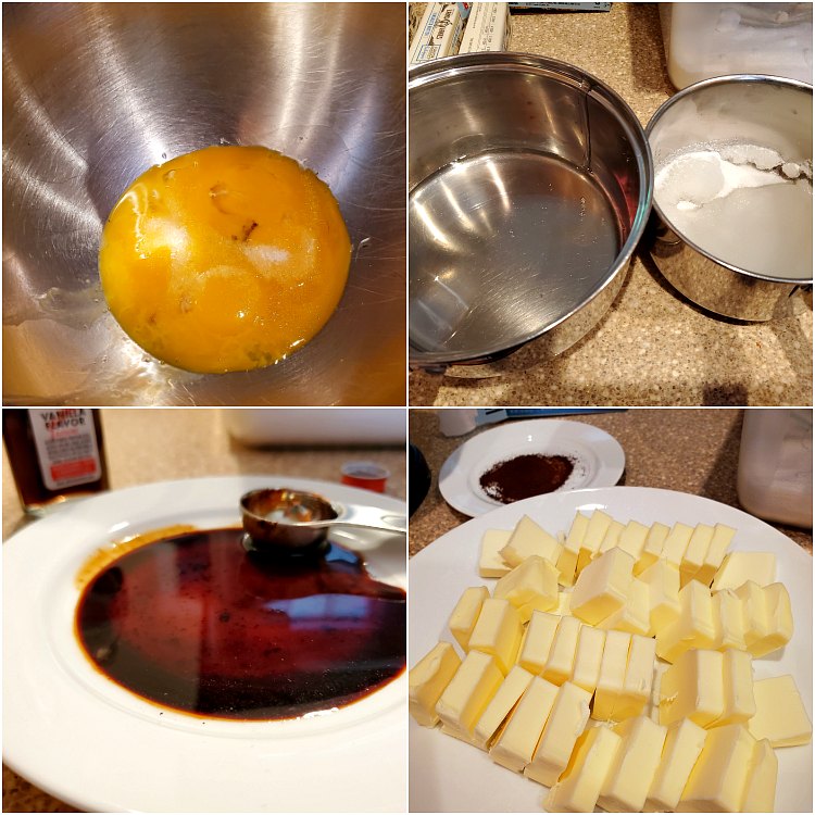 Collage of 4 images of the ingredients in burnt caramel buttercream.