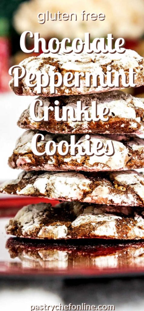 vertical pin image of stack of chocolate cookies text reads "gluten free chocolate peppermint crinkle cookies"